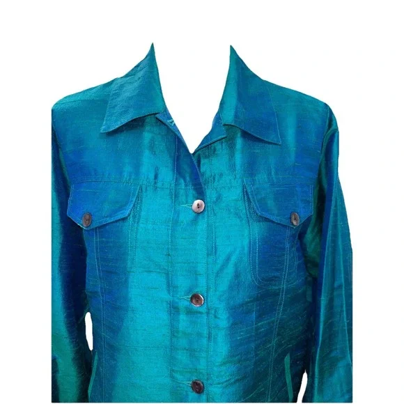 VTG ANU by Natural Silk Jacket XL Teal Blue Iridescent Shantung Top Art To Wear - Picture 4 of 11